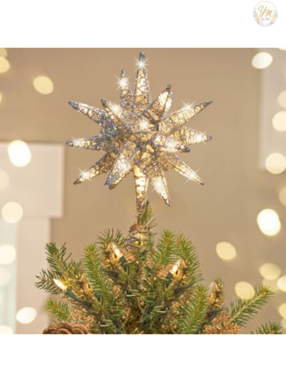 Lighted 3D Starburst Christmas Tree Topper Metal 11" Plug-In 6H Timer